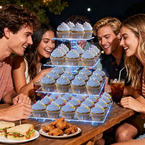 YestBuy 4 Tier Acrylic Cupcake Stand Afternoon Tea Cake Stand Large Cupcake Stand Cupcake Tower Cupcake Holder for Pastry + LED Light String Ideal for Weddings Birthday Bar Party Décor (Blue Light) - color: Blue, size: 4 tier