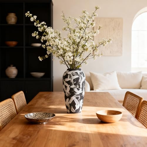 Rustic Ceramic Vase 13.8", Large Black Ceramic Vase with White Abstract Pattern, Matte Tall Floor Vase for Living Room Entryway Kitchen, Black Vases for Centerpieces, Water Friendly Decor - color: Black and White, size: 13.8in