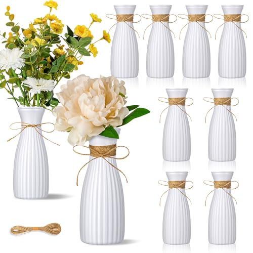 10 Pcs Plastic Flower Bud Vases Bulk with Twines Ropes Small Mini Flower Vases for Centerpieces Decorative Plastic Bottles for Wedding Reception Dining Table Home Decoration (White) - color: White