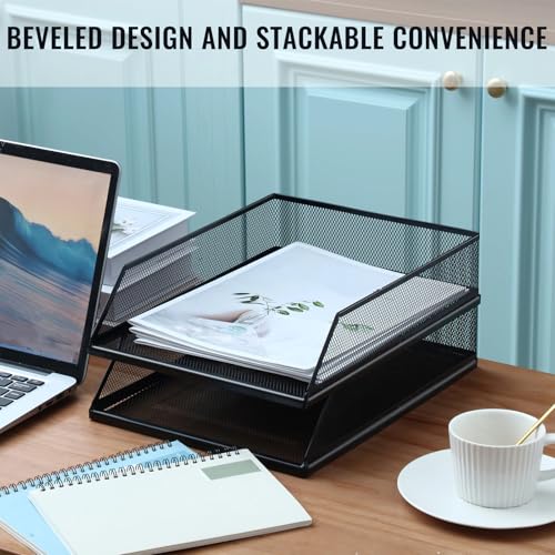 Hicarer 4 Pcs Black Metal Letter Tray Stackable Desk Tray Single Wire Mesh Organizer Front Load File Paper Holder for Desktop Office Home School Classroom (12.8 x 9.84 Inch) - size: 12.8 x 9.84 Inch
