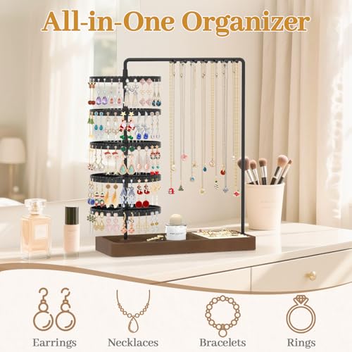 MODOWEY Earring Holder Organizer Jewelry Stand, 285 U-Slots Adjustable Rotating Earring Tree Rack, 14 Hooks Tall Necklace Display for Women, 5 Tier Compact Large Capacity Tower with Ring Tray, Black - color: Black-Brown