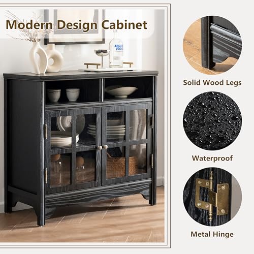 Buffet Cabinet with Storage, Solid Wood Sideboard Cabinet, TV Stands, Coffee Bar Station, Modern Farmhouse Console Table for Dining Room, Kitchen, Living Room, Entryway, Black - color: Black