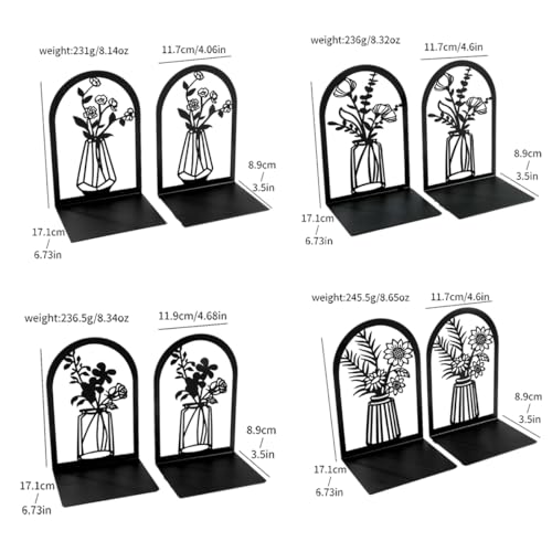 Vase Book Ends, Bookends - Metal Book Ends for Shelves, Non-Skid Bookends Decorative Unique for Heavy Books, Heavy Duty Book Holder for Home Office (3PC Style B)