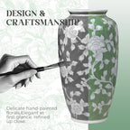 Spring Floral Ceramic Vase, Green and White Chinoiserie Vase with Hand-Painted Peony Design, 14 Inch Tall Decorative Vase for Home Decor, Table Centerpiece