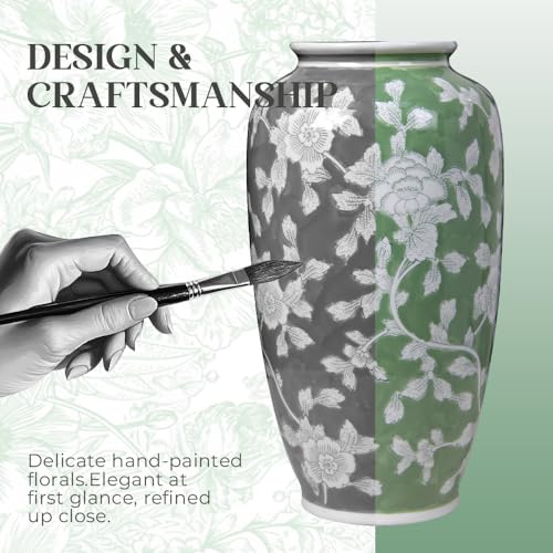 Spring Floral Ceramic Vase, Green and White Chinoiserie Vase with Hand-Painted Peony Design, 14 Inch Tall Decorative Vase for Home Decor, Table Centerpiece