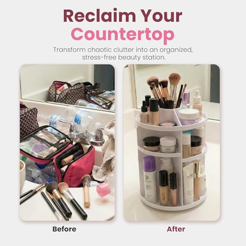 Masirs 360 Rotating Makeup Organizer for Vanity, Adjustable Shelf Height, Large Capacity Cosmetic and Skincare Storage, Lazy Susan Perfume Organizer for Dresser, Bathroom Countertop, White - color: White