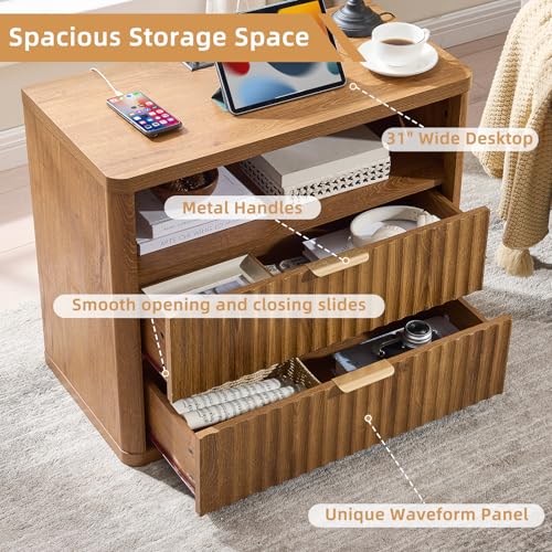 LEYAOYAO 31" Wide Fluted Nightstand with Charging Station, Oversized Extra Large 2 Drawers Night Stand,Brown Wood Bedside Table,Tall Bed Side End Tables,Modern Chest of Drawers Dressers for Bedroom - color: Brown, size: 2 Drawers