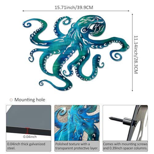 LiveInUrban Coastal Wall Art Octopus Metal Wall Sculptures, Ocean Beach Themed Metal Hanging Home Decoration 15.7"x11.1" - color: octopus