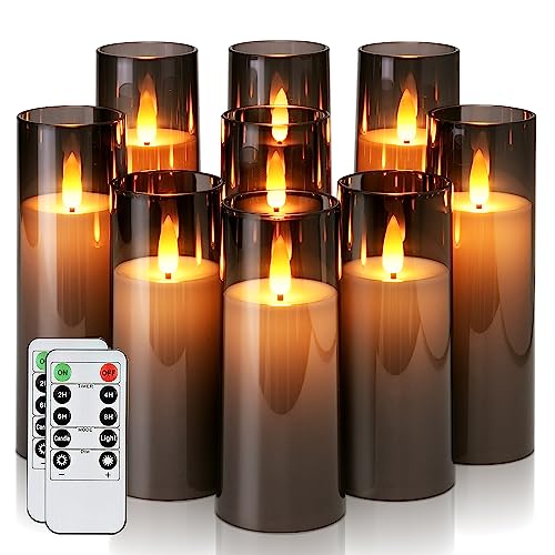 Homemory Decorative Flameless Candles, Battery Operated Candles with Remote & Timer, Flickering Led Pillar Candles, Plexiglass, Grey, Pack of 9, D2.2 xH 5" 6" 7" - color: Gray