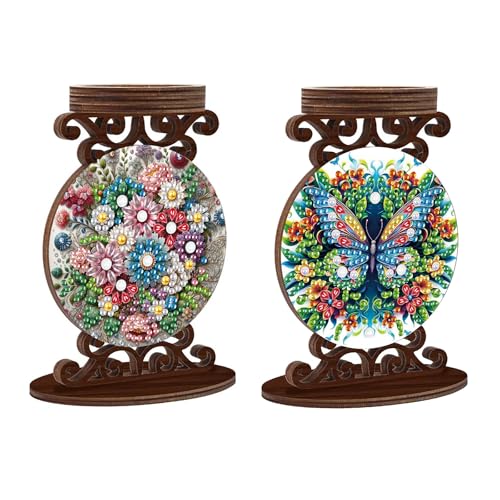 ARTopet 2Pcs DIY Diamond Art Painting Candlestick Holders Wooden Desk Candle Holder Ornament Double Sided Diamond Tabletop Ornaments for Home Decor-03 - color: 2pcs-03