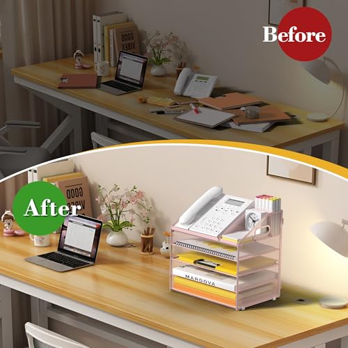 Letter Tray Paper, 5 Tier Desk Organizer with Pen Holder and Handle, Mesh File Organizer Paper Sorter Metal Desktop Document Shelf for Office Home Classroom - Pink - color: 5 Tier-pink
