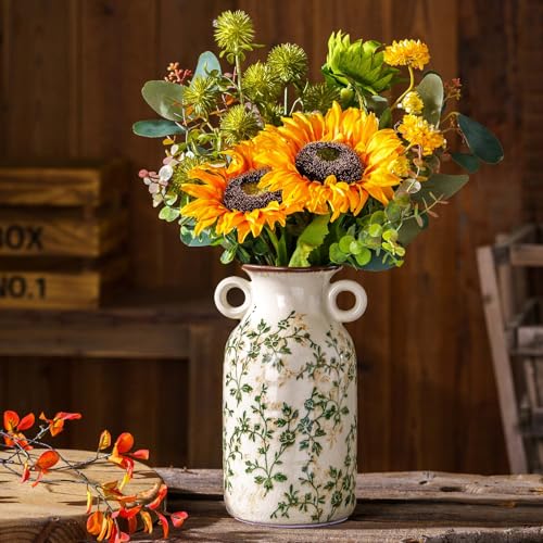 Ceramic Flower Vase | Green Rustic Farmhouse Vase with Handles for Home Decor, Vintage Floral Tuscan Vase for Living Room & Kitchen, Mantel & Bookshelf, Centerpieces, Entryway, Wedding(9.1 Inch) - color: 12-green and Beige