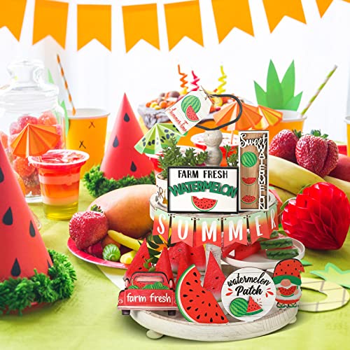 13 Pcs Summer Watermelon Tiered Tray Decor Set Farmhouse Wood Summer Wood Sign Hawaii Tiered Tray Decorations Tabletop Rustic Wooden Red Gnome Table Signs for Home Kitchen Table Decoration - style: Watermelon