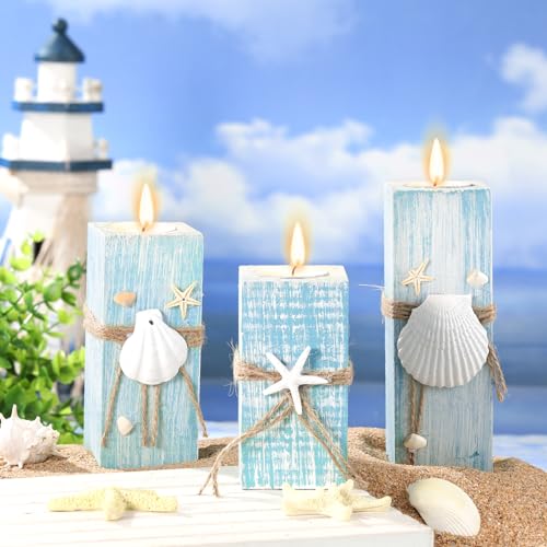 Suzile 3 Pcs Summer Ocean with Candles Tealight Candle Holders Decorations Wood Table Sign Starfish Scallop Tealight Marine Life Candlesticks for Table Centerpiece Tiered Tray Decor