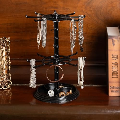 2 Tier Rotating Jewelry Display Stand, Necklace Holder, Jewelry Tree Stand, DIY Organizer for Bracelets, Necklaces, Earrings, Rings, Watches (Black) - color: Black