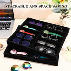 Batiyeer Sunglasses Organizer Storage Tray 10 Grids Eyewear Watch Holder Display Stackable Ice Velvet Tray Women(Black,2 Pcs) - color: Black