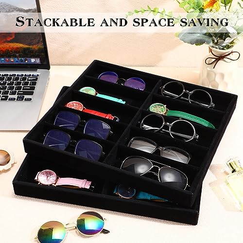 Batiyeer Sunglasses Organizer Storage Tray 10 Grids Eyewear Watch Holder Display Stackable Ice Velvet Tray Women(Black,2 Pcs) - color: Black