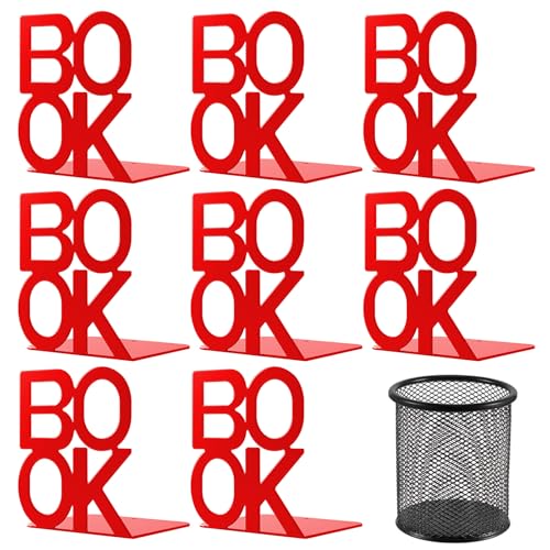 Book Ends - Decorative Metal Book Ends Supports for Bookrack Desk,Books, Unique Appearance Design,Heavy Duty (Red, 4 Pair) - color: Red, size: 4 pair