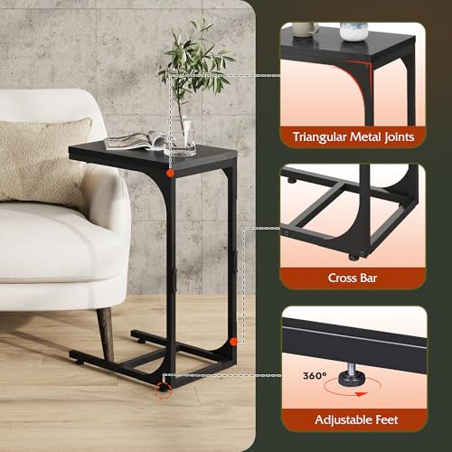 WLIVE C Shaped End Table, Small Couch Side Tables with Metal Frame, Sofa Table TV Tray for Living Room, Bedroom, Relief Black - color: Relief Black