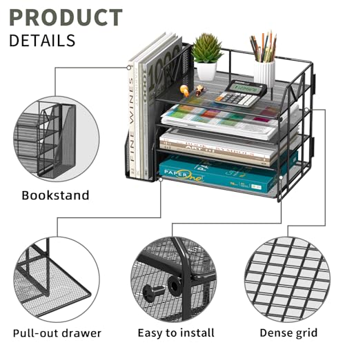 4-Tier Paper File Organizer with Drawer, Metal Desk Organizer, Tiered Paper Tray for Letter/A4 Files, Desktop Office Supplies Storage Rack, Black - color: 4-Tier with Bookend