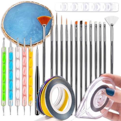 28 Pcs Nail Art Brushes Nail Art Tool Set Resin Nail Art Palette Sculpture Pen 2 Way Acrylic Silicone Carving Pen Dotting Pen Tool Manicure Kit for Home DIY Salon Nail Art (Black) - color: Black