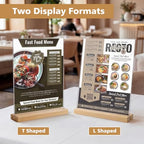 Comix 8.5x11 Clear Acrylic Sign Holder with Wood Base 6 Pack L/T Shape Table Display Stand Vertical or Slant Back Display for Wedding, Restaurant, Store, Office, Hotel - size: 6 Pack 8.5x11 inches (T/L)