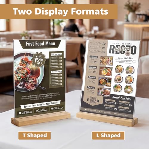 Comix 8.5x11 Acrylic Sign Holder with Wood Base 12 Pack Clear Table Display Stand Vertical or Slant Back Display for Wedding, Restaurant, Store, Office, Hotel - size: 12 Pack 8.5x11 inches (T/L)
