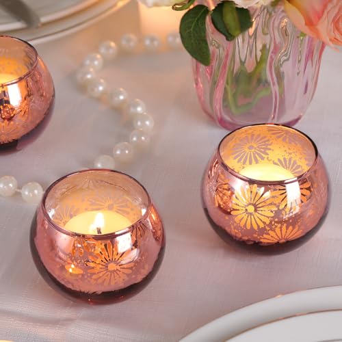 Pink Mercury Glass Votive Candle Holders Set of 12, Round Tealight Candle Holders for Table Centerpieces, Weddings, Shower Gifts, Valentine's Day, Mother's Day, Party Decorations - color: Pink