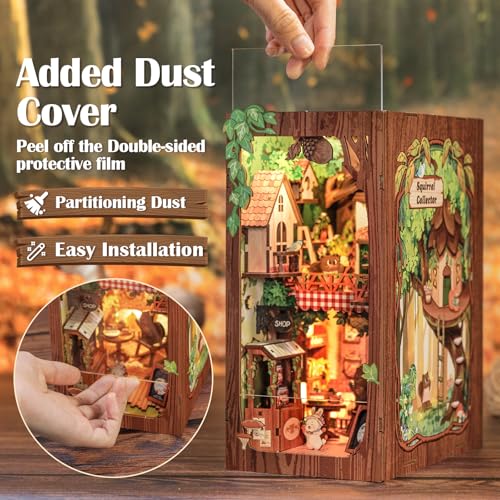 Cutefun Book Nook Kit, DIY Miniature Booknook Kit for Adults, 3D Wooden Puzzle Bookend Bookshelf Decor with LED Light & Dust Cover Creative Crafts Gifts for Book Lovers (Squirrel Collector) - style: Squirrel Collector