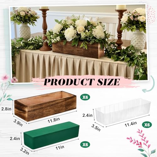 Dandat 6 Set Wood Boxes for Centerpieces 12x4 Inch Rectangle Wooden Planter Box Rustic Wood Planter with Removable Plastic Liner Floral Foam Blocks for Centerpieces Home Wedding Garden Decor - size: 12x4 Inch