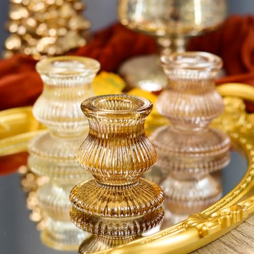 WDHODEC Glass Candlestick Holders 12PCS Taper Candle Holders for Table Centerpiece Vintage Colorful Candle Sticks for Wedding, Party and Birthday Table Decoration(Brown) - color: Brown & Amber