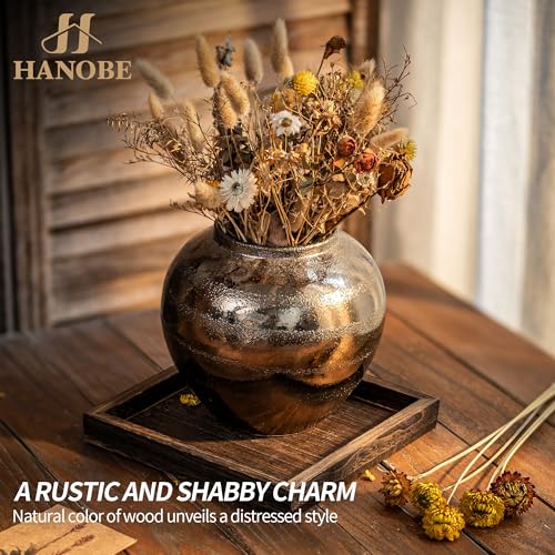 Hanobe Serving Tray Decor for Table: Small Wood Decorative Trays for Ottoman Coffee Tables - Farmhouse Square Wooden Centerpiece for Kitchen Counter Home Living Room 10inch Brown