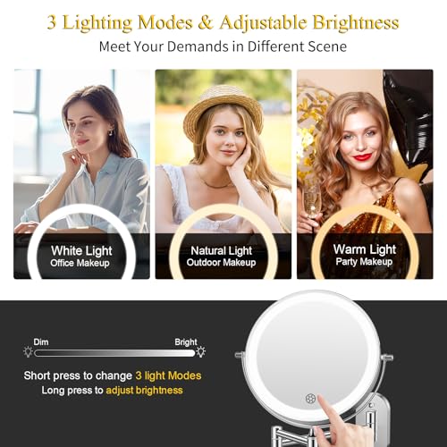 FUNTOUCH Rechargeable Wall Mounted Makeup Mirror with Lights,5000mAh Double Sided 3X/20X Magnifying,3 Color Lights,Touch Dimmable, Extended Arm 360 Rotation Lighted Bathroom Mirror with Magnification - color: Chrome