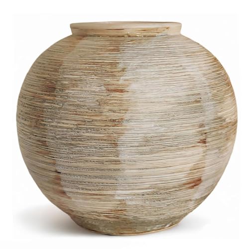 Rustic Ribbed Vase Home Decor - 6 in Ceramic Vintage Farmhouse Vases for Decor, Decorative Terracotta Round Bowl vase for Living Room, Table, Shelf, Kichen Decor - style: 01 - Small Rustic Ribbed Beige