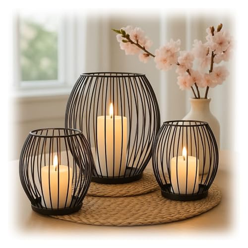 3-Piece Black Candle Holder Set – Modern Metal Wire Black Candlestick Holders for Pillar Candles, Decorative Round Cage Candle Lanterns for Table, Shelf, or Home Décor