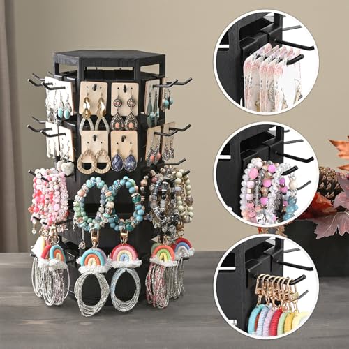 Ikee Design Free Assembly Natural Wood Hexagon 6 Sided Rotating Jewelry Display Stand Tower,60 Removable Metal Hooks,Keychain Earring Display Stand Tower for Selling,Showcase,Black Color - color: 6 side, Black, 60 hooks