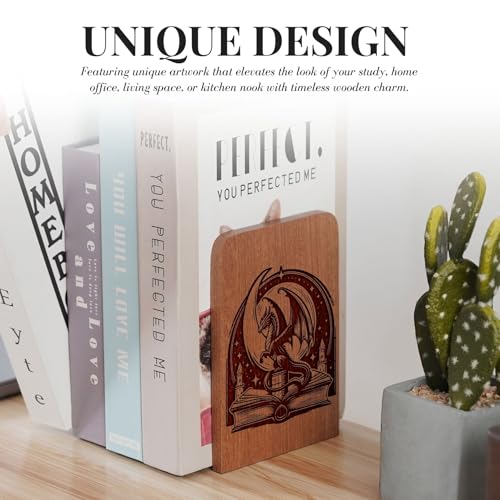 Fantasy Bookends, Dragon Bookends, Heavy Duty Wooden Book Ends for Shelves Decorative(1 Pair, 4.72x6.69 Inches) - Dragon - color: Dragon