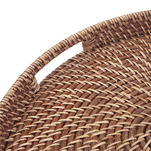 Round Rattan Woven Serving Tray with Handles Ottoman Tray for Breakfast, Drinks, Snacks for Coffee Table, Home Decorative (Honey Brown, 13.8"x2") - size: 13.8"