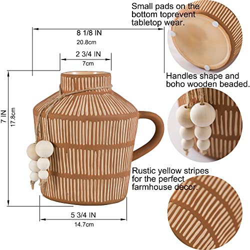 Mowtanco Rustic Farmhouse Vase with Handle and Boho Wooden Beads - Terracotta Vase with Vertical Stripes for Vintage Home Decor - color: Yellow - Wooden Beads