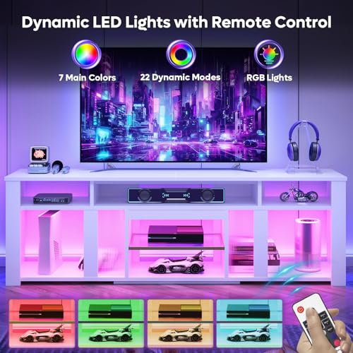 Bestier 80 Inch TV Stand for 85 Inch TVs, Modern Open Entertainment Center with LED Lights & Adjustable Shelves, Media Console for Gaming Setup and Home Theater (White)