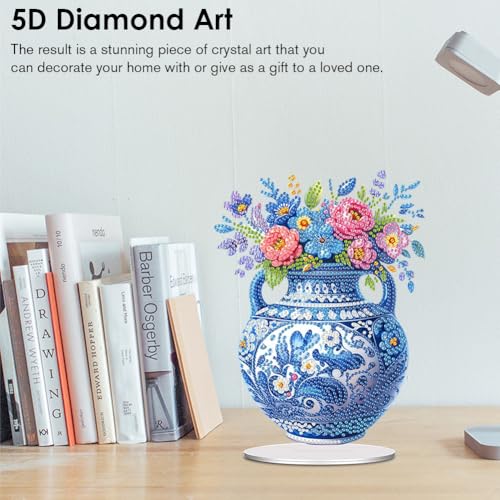 5D Tabletop Diamond Art Kit Vase, Stand Up Special Shaped Crystal Diamond Art Desktop Kits for Adults, DIY Diamond Art Painting Kits Craft Gift, Box Package (Blue) - color: Vase Bouquet
