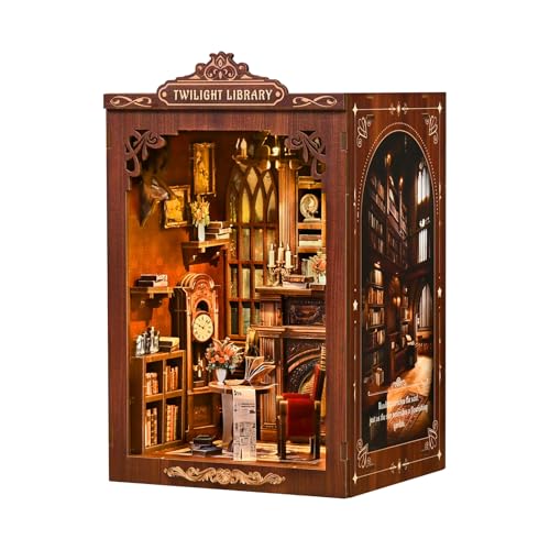 Twilight Library Book Nook Kit - DIY Miniature Dollhouse with LED Warm Light, 3D Wooden Puzzle Bookends, Immersive Miniature, Stress Relief Craft Gift for Adults Teens, Aesthetic Home Decor - style: Twilight Library