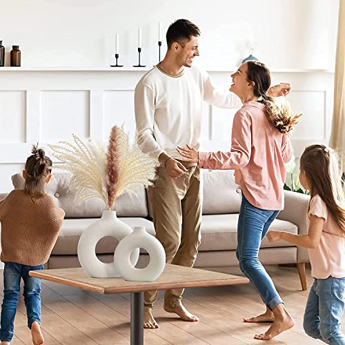 QLOFEI White Ceramic Vases Set of 2, Round Matte Modern Vase for Home Decor, Donut Ceramic Design Pampas Grass Vases for Living Room Coffee Table Decor, Boho Style for Gift - color: White, size: Big + Super Big