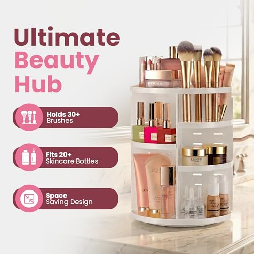 Masirs 360 Rotating Makeup Organizer for Vanity, Adjustable Shelf Height, Large Capacity Cosmetic and Skincare Storage, Lazy Susan Perfume Organizer for Dresser, Bathroom Countertop, White - color: White