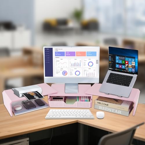LEKETREE Dual Monitor Stand Riser with Drawer, Desk Organizer and Accessories, Pink Monitor Stand for Desk, Desktop Stand for Computer, Laptop, TV and More (Pink) - color: Pink
