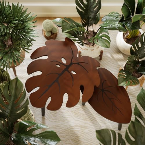BAMEOS Monstera Leaf Nesting Tables Set of 2, Small Side Tables f Set with Leaf Vein Pattern, Modern Wooden CoffeeTables for Living Room Bedroom Apartment Balcony Yard - color: Monstera