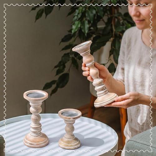 Mela Artisans Mango Wood Pillar Candle Holders Set of 3, Hand-Carved Whitewashed Decorative Candles for Living Rooms, Centerpieces & Mantel Decor - color: Whitewash