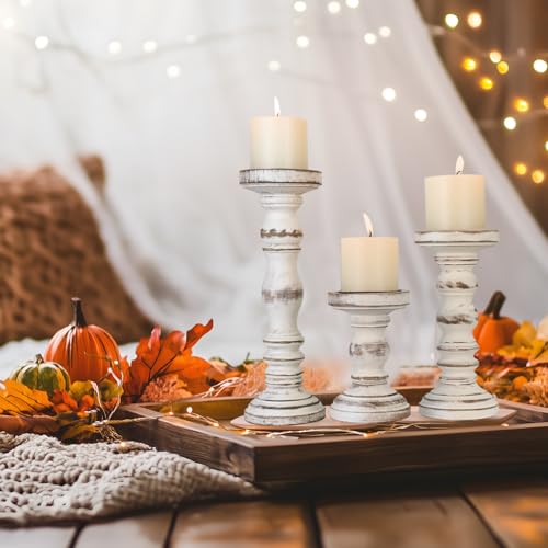 Candle Holder for Pillar Candle Set of 3, Farmhouse Wood Candle Holder, Rustic Wooden Candle Stand, Vintage Tall Candle Stand Decorative for Living Room, Table Centerpiece (Antique White) - color: Antique White, size: Set of 3