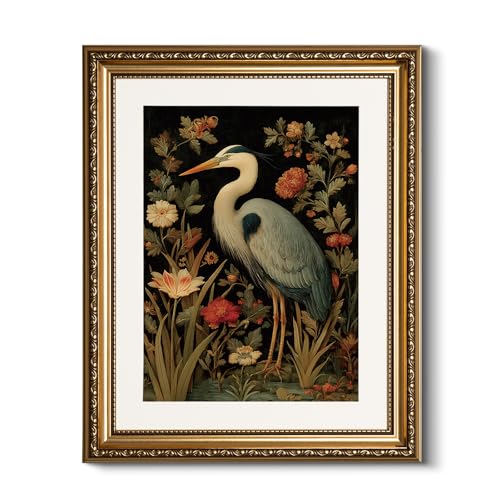HUARCEY Vintage Botanical Bird Gold Framed Canvas Wall Art 13x16 inch, Classic Heron Floral Canvas Painting Print, Traditional Elegant Home Living Room Bedroom Farmhouse Decor - color: Blue Heron, size: 16"L x 13"W
