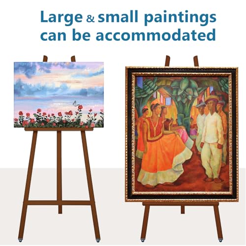 A - Frame Wooden Display Easel with Wheels - Adjustable Lyre Beechwood Studio Easel Stand Holding Canvas Up to 90", Inclinable Artist Floor Painting Easel for Artwork Painting, Brown - color: Brown